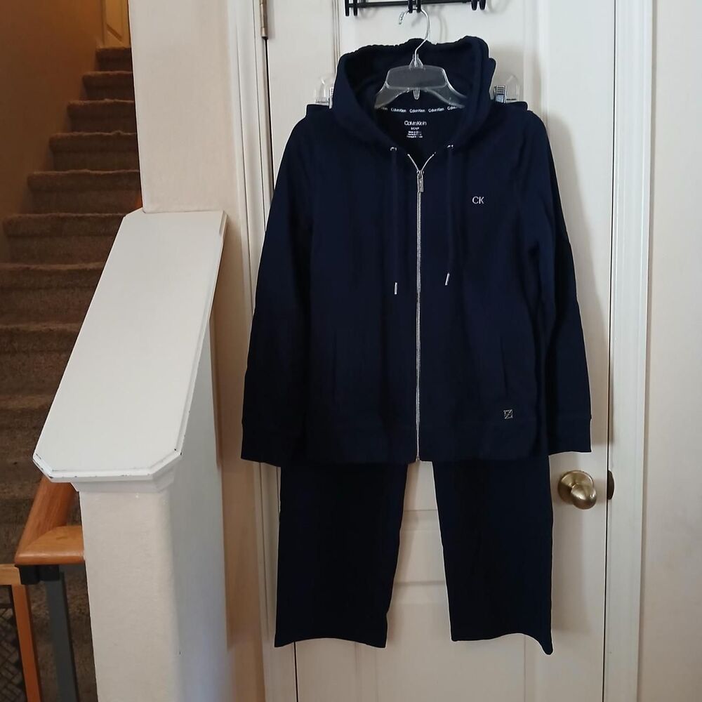 Calvin Klein Navy Blue Wide Leg Pants & Full Zip Jacket Tracksuit Lounge Set S